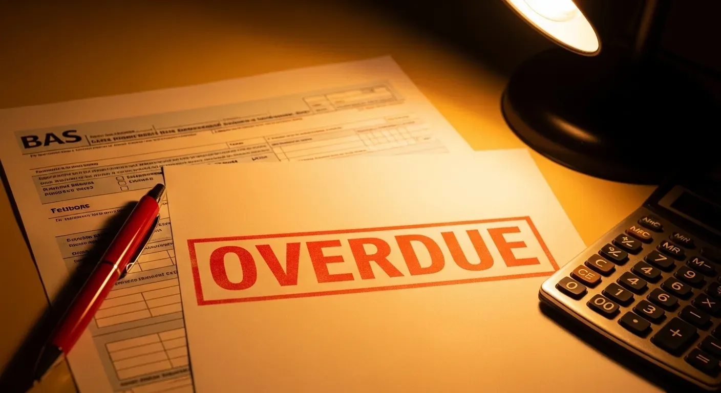 Business owner reviewing overdue BAS notices and compliance documents