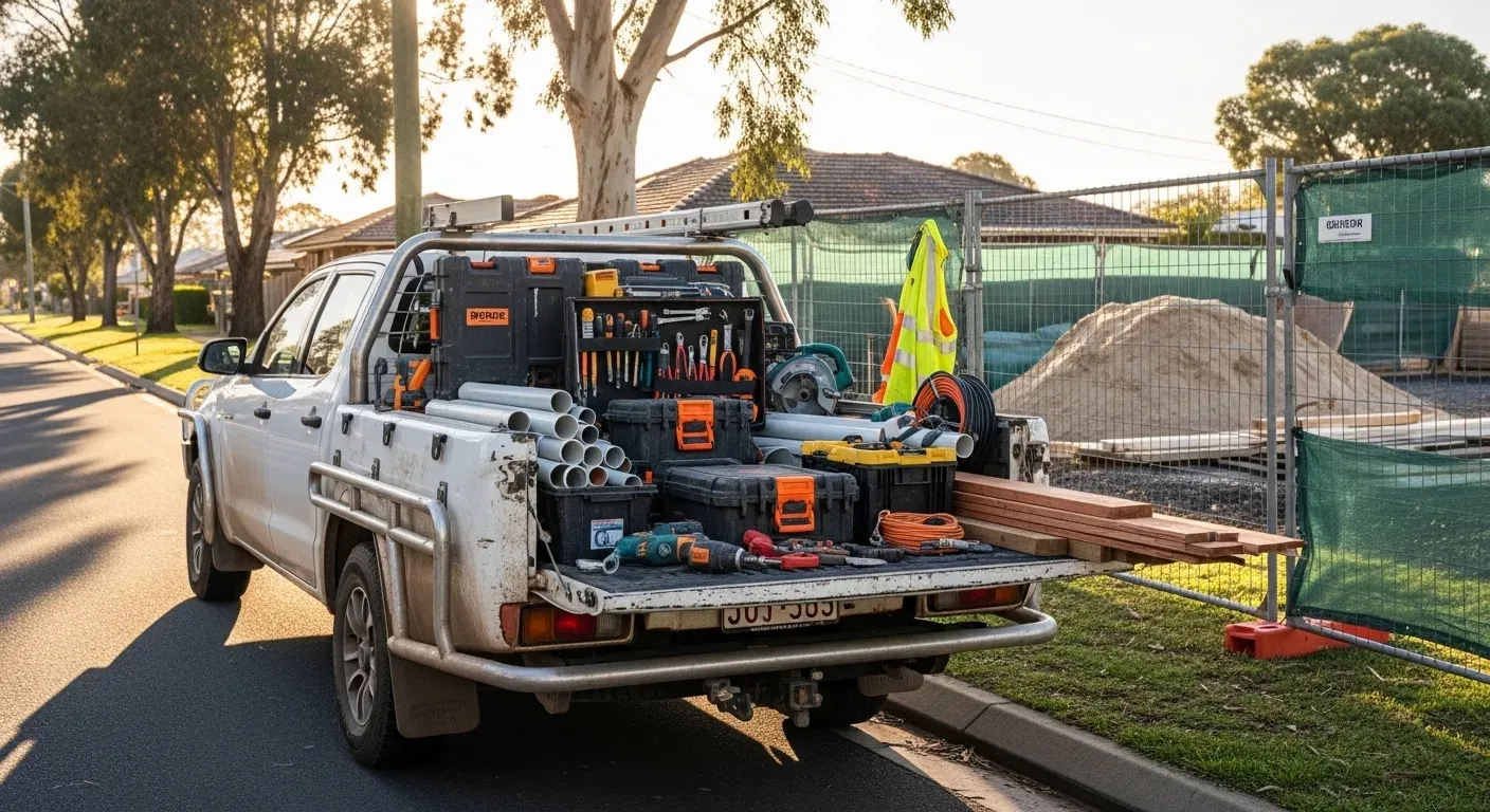 Construction utility vehicle with tools parked at active site