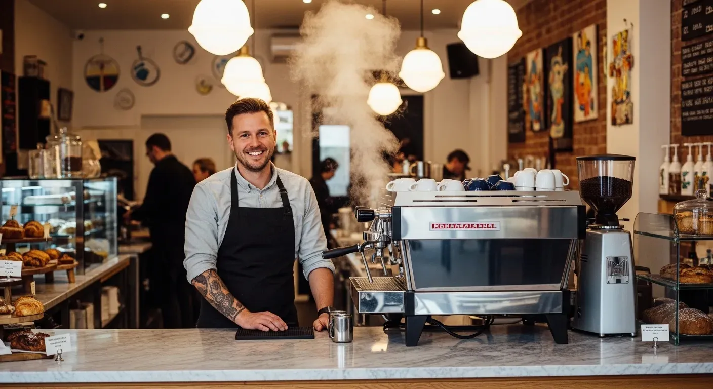 Cafe owner standing behind counter in busy hospitality venue
