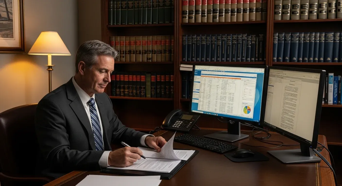 Registered restructuring practitioner reviewing documents at desk