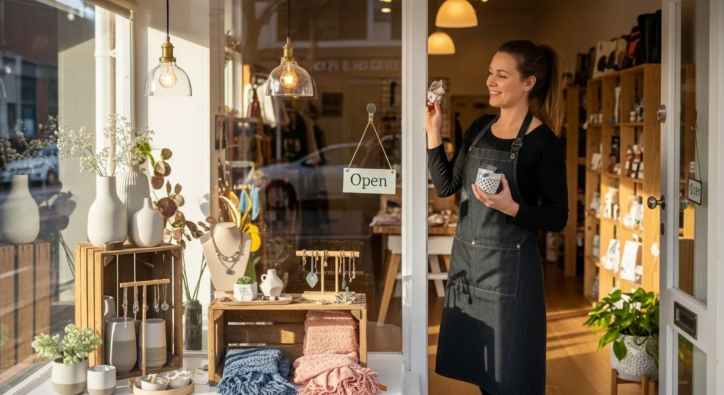 Retail owner opening store with shopfront display