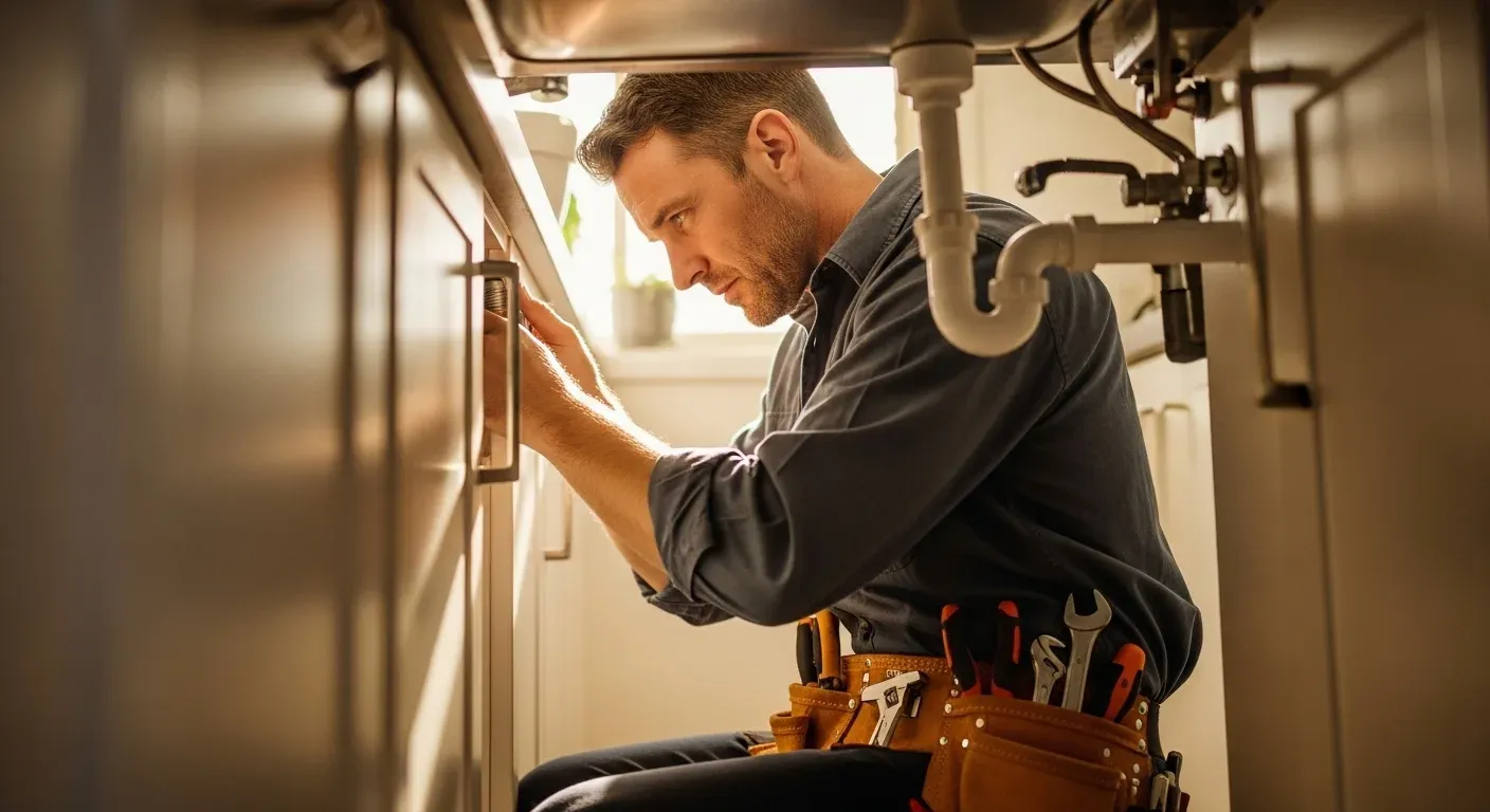 Trades professional working on plumbing repairs with tool belt