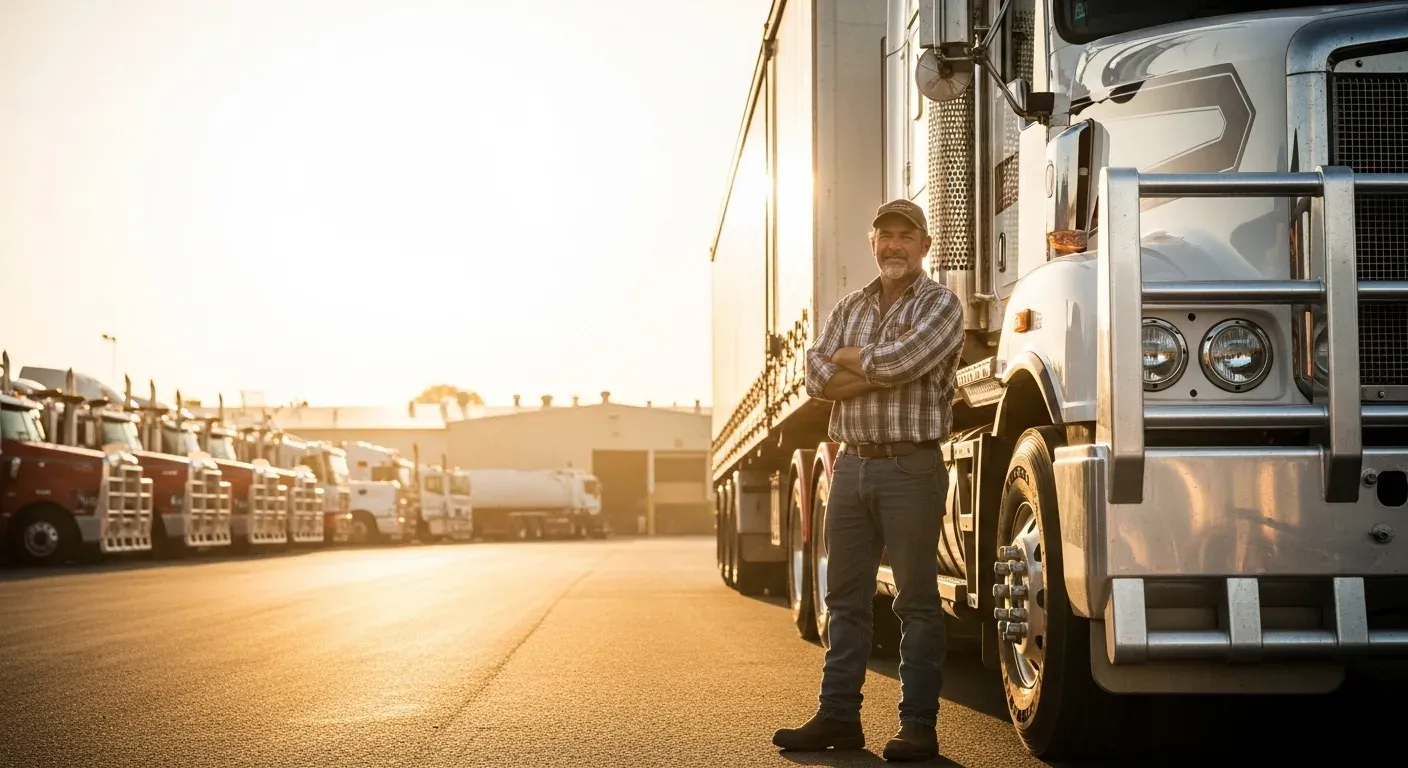 Transport operator standing with heavy vehicle fleet at depot