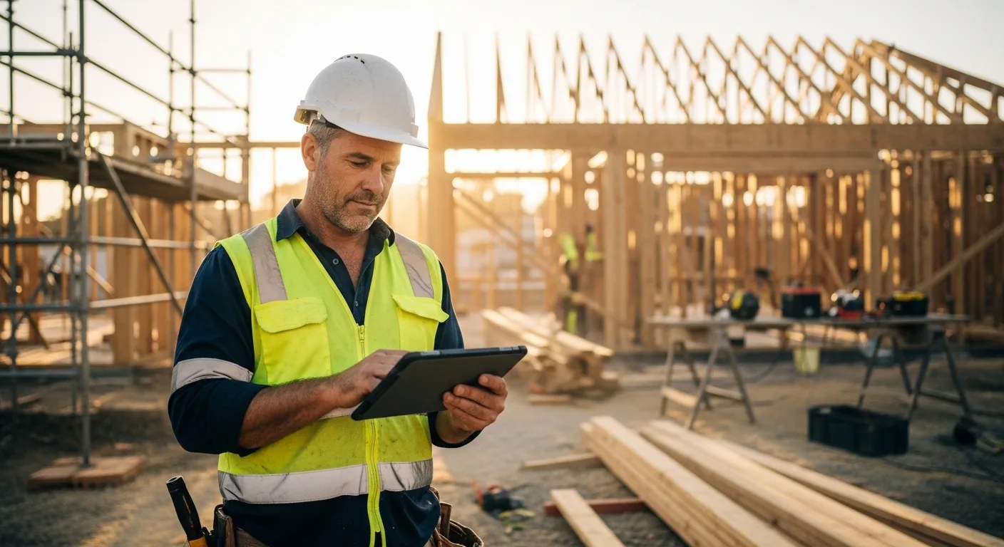 Construction manager reviewing site progress on tablet
