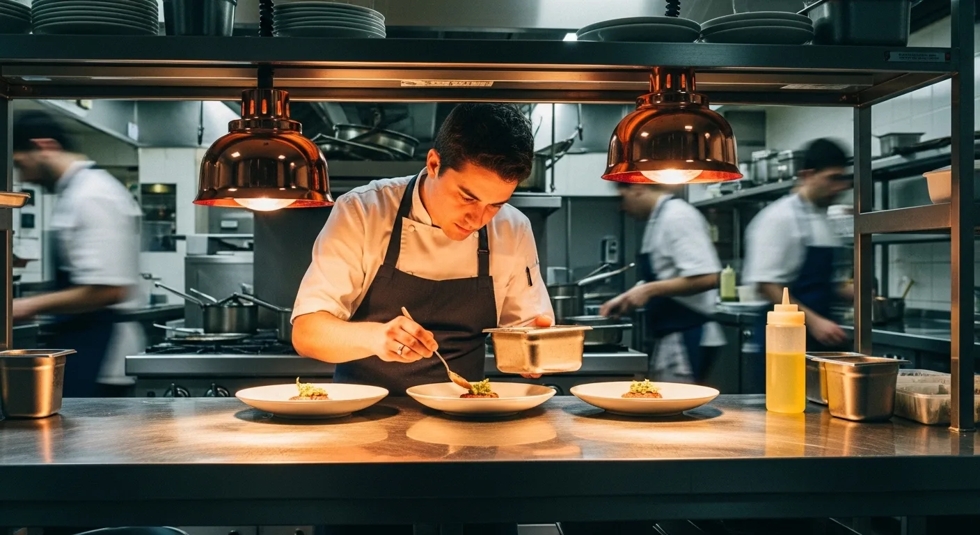 Chef plating dishes in active commercial kitchen