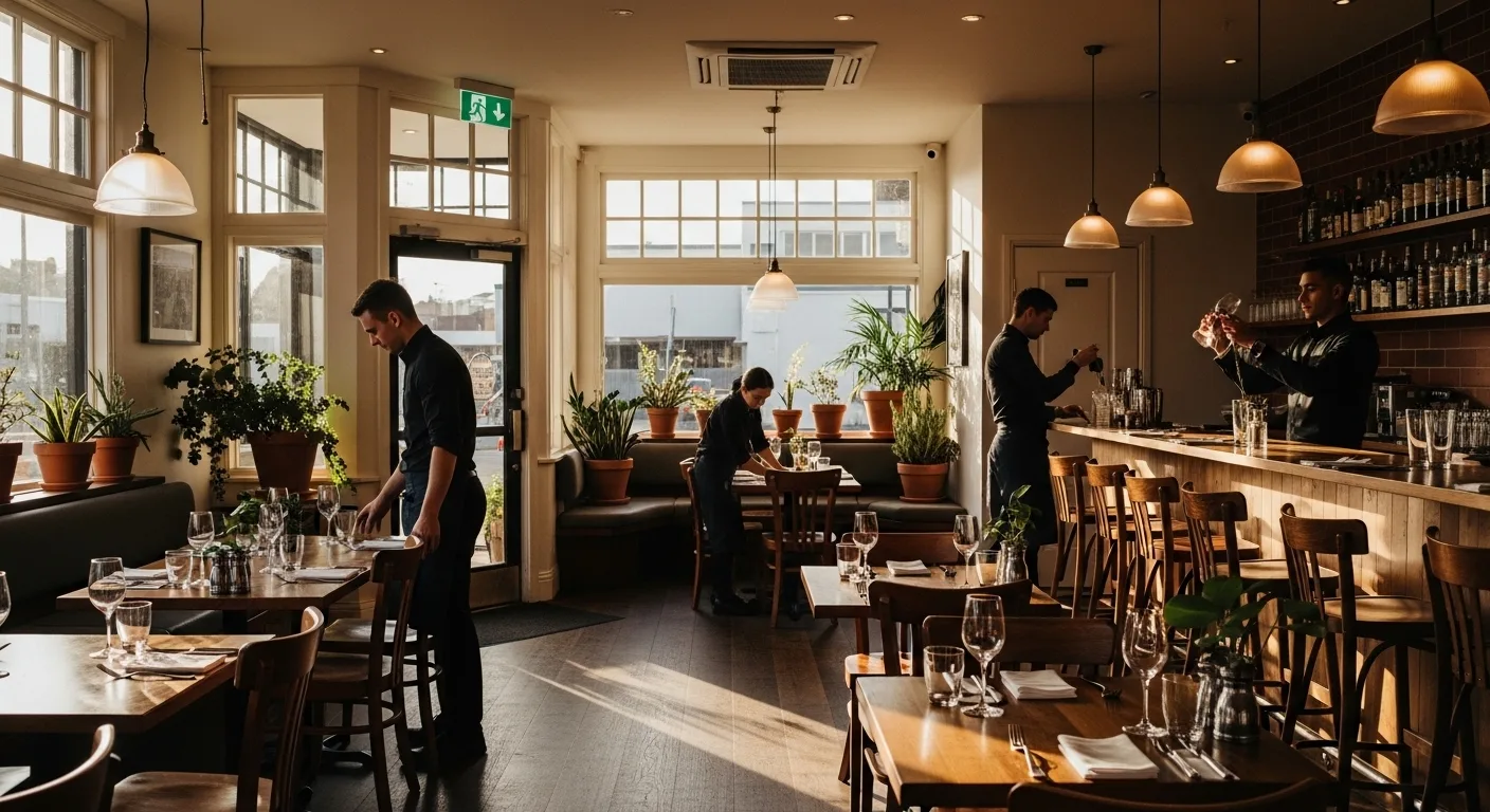 Restaurant team preparing venue for service