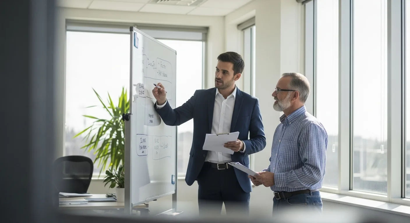 Advisor presenting structured SBR process timeline to directors