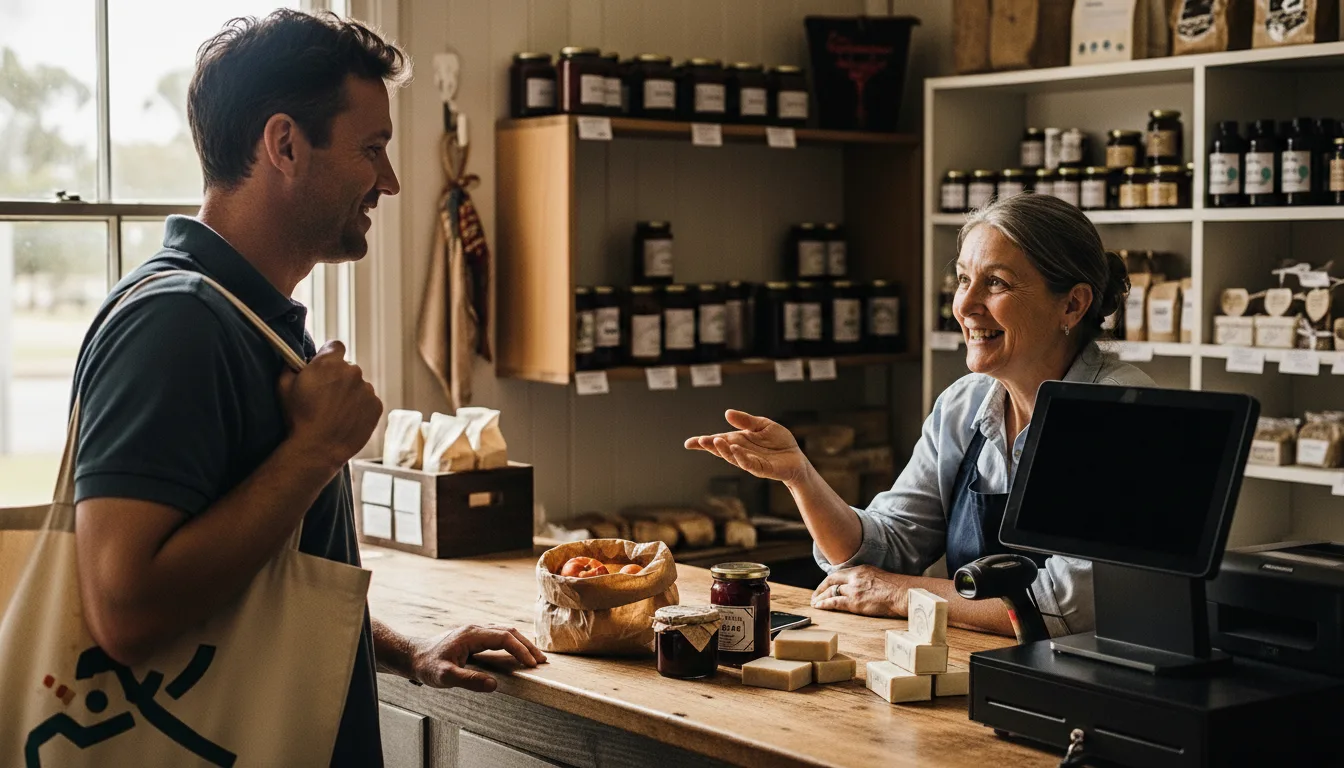 Retail business owner serving customer at checkout counter