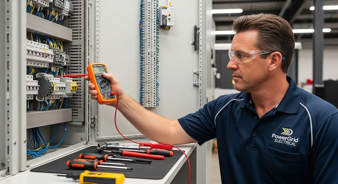 Electrician testing switchboard and trade equipment