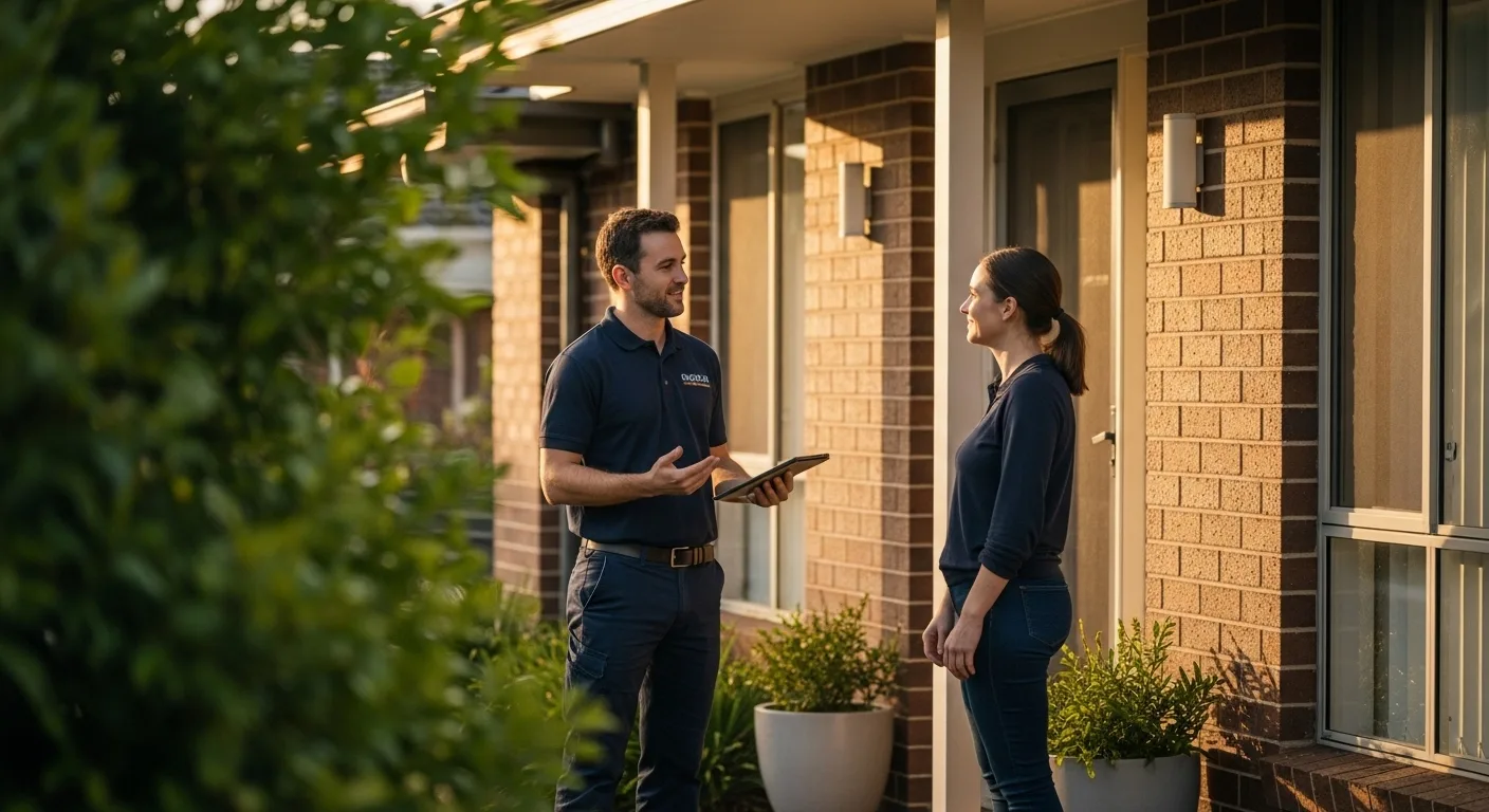 Tradesperson discussing job details with a client at residential site